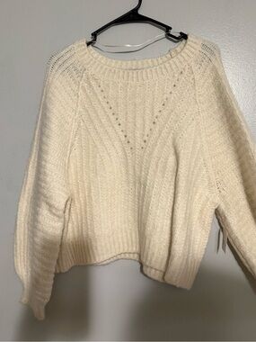 Free People Cream Ribbed Crewneck Sweater